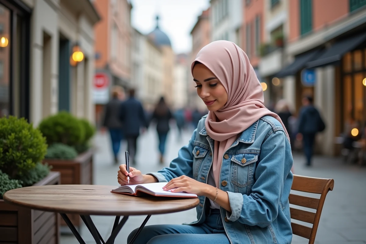 Jeune femme musulmane écrivant prières au café à Toulouse