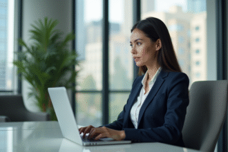 Jeune femme en costume navy dans un bureau moderne