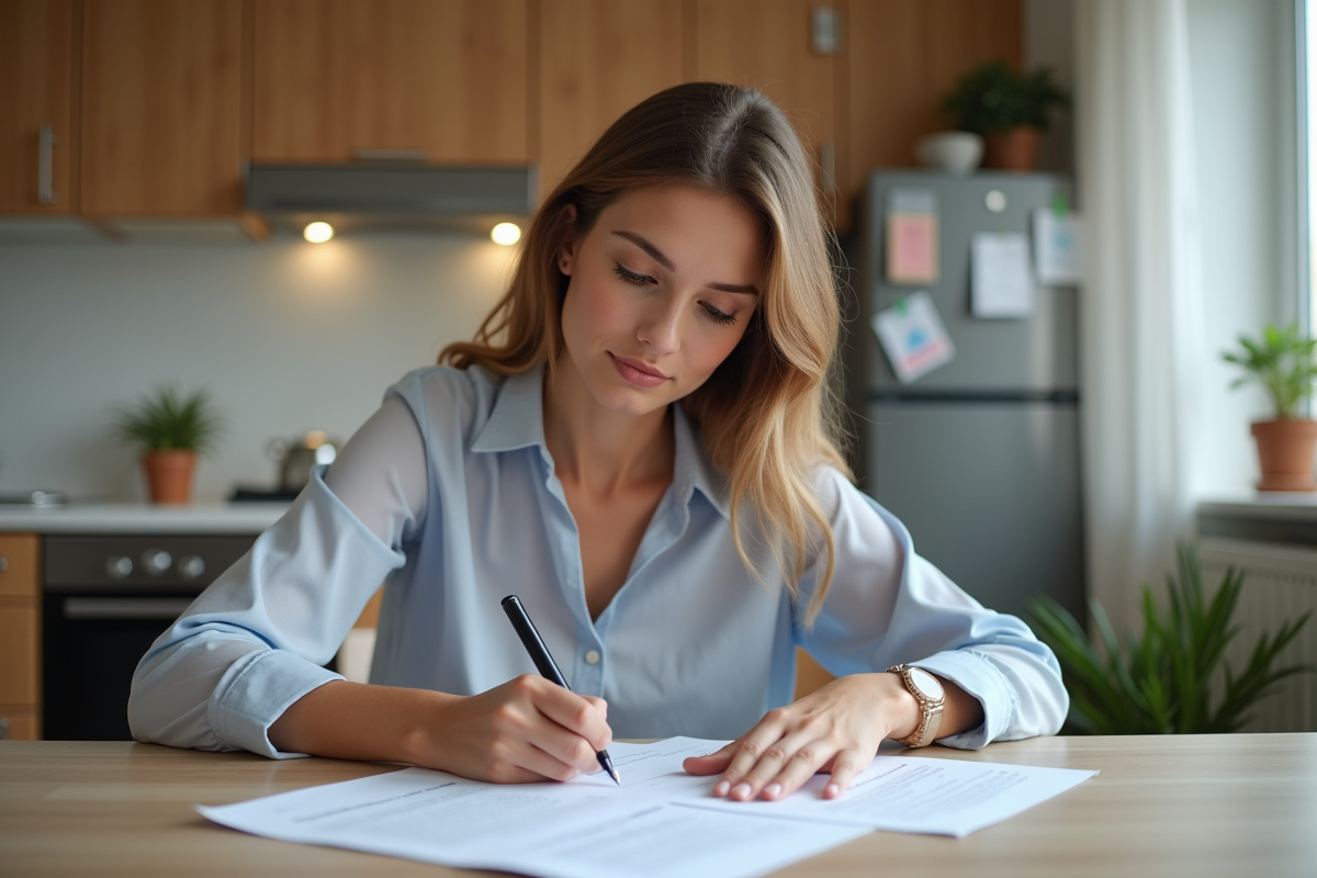 Jeune femme signant des documents de logement dans une cuisine lumineuse