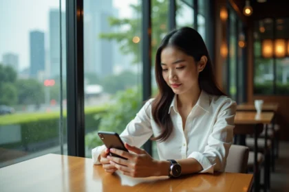 Jeune femme asiatique vérifiant l'heure sur son smartphone à Singapour