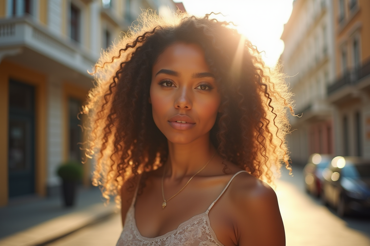 Jeune femme aux cheveux bouclés dans un environnement urbain en plein soleil