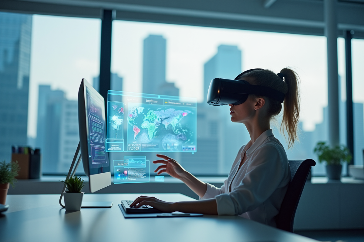 Jeune femme en VR dans un bureau moderne avec graphiques holographiques