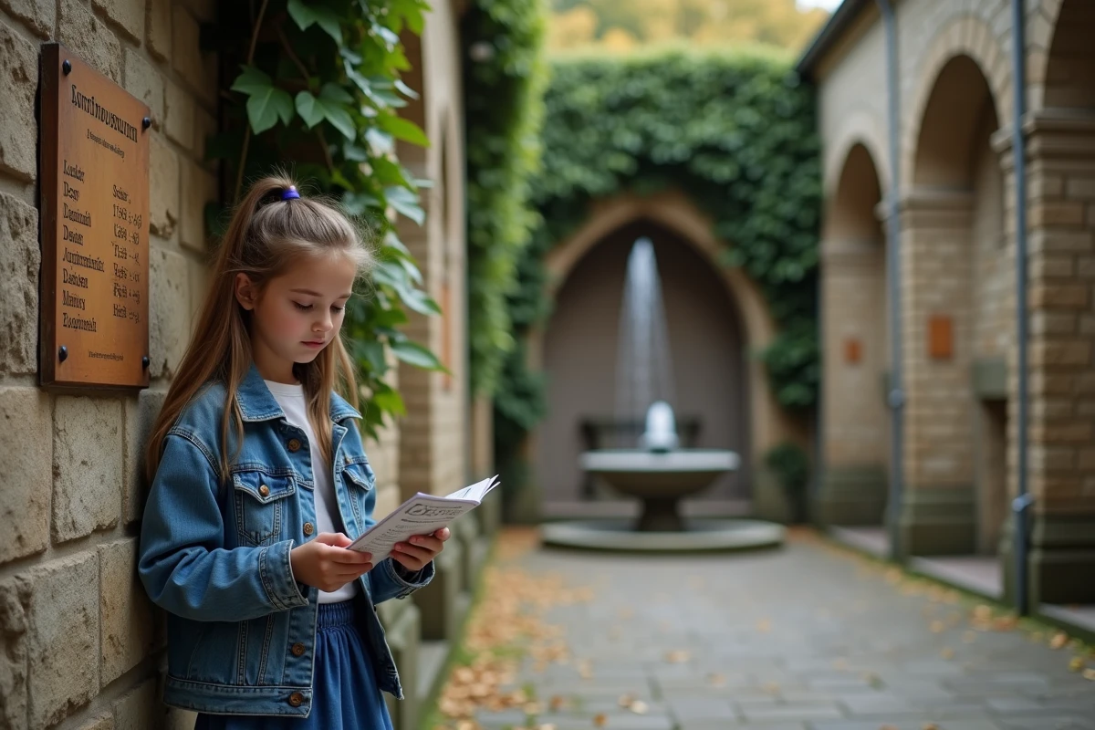 Jeune fille en denim dans une cour d’église paisible