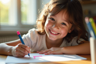 Jeune fille souriante écrivant la lettre F avec un marqueur coloré
