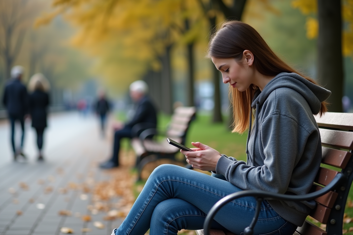 Jeune femme sur un banc de parc avec smartphone