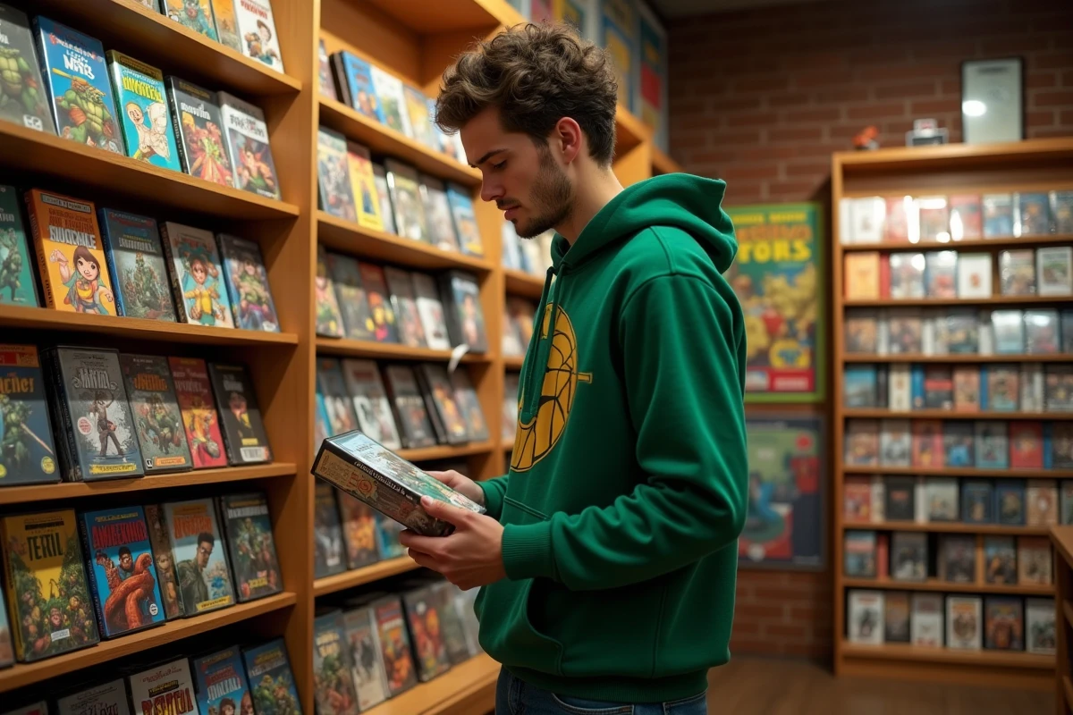 Jeune homme cherche un DVD TMNT dans une librairie