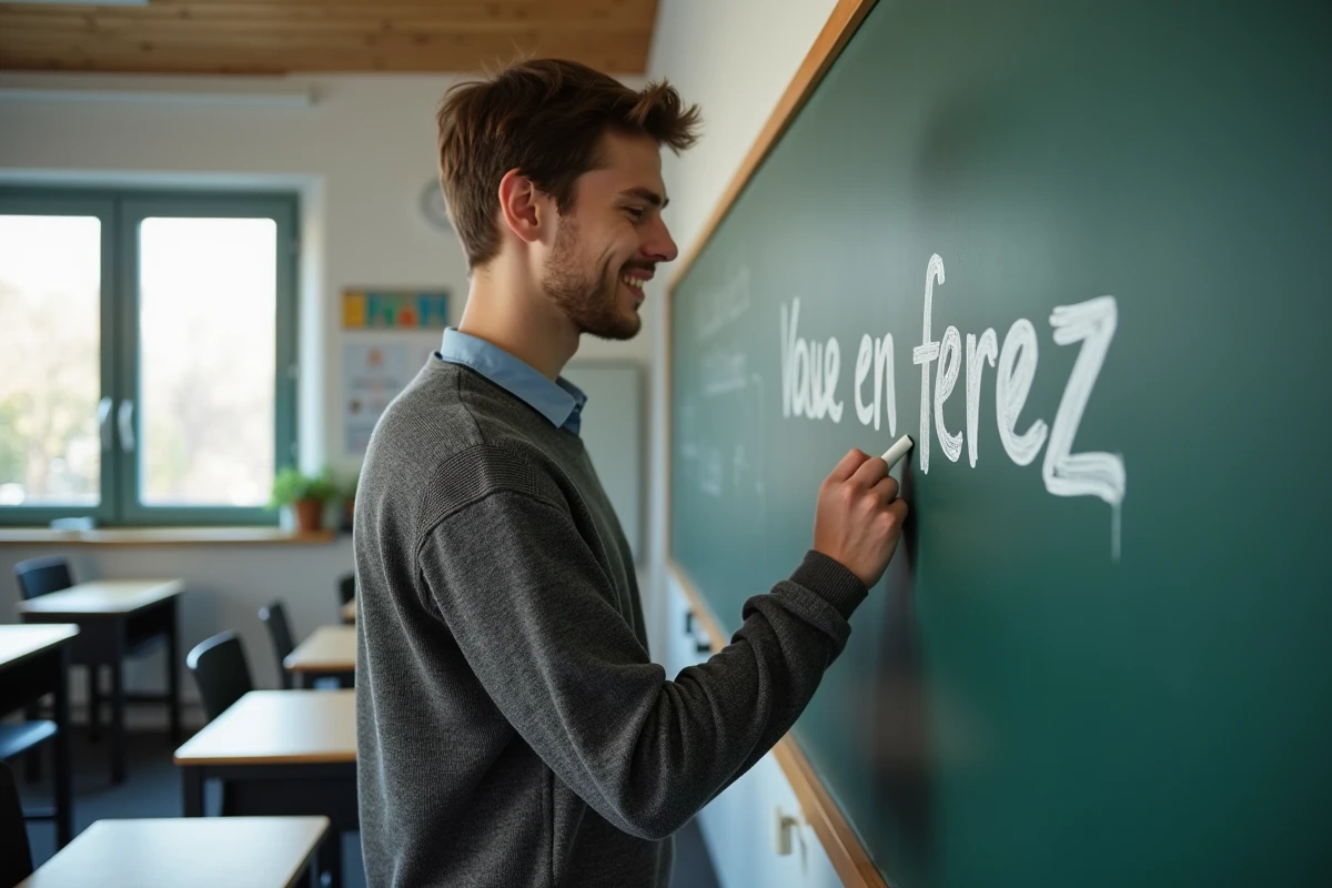 Jeune homme écrivant au tableau dans une salle de classe moderne