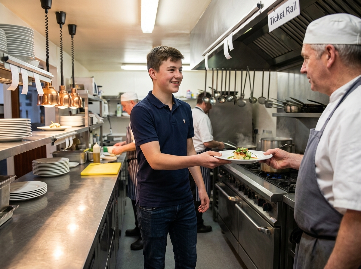 Adolescent aidant un chef dans une cuisine de restaurant animée