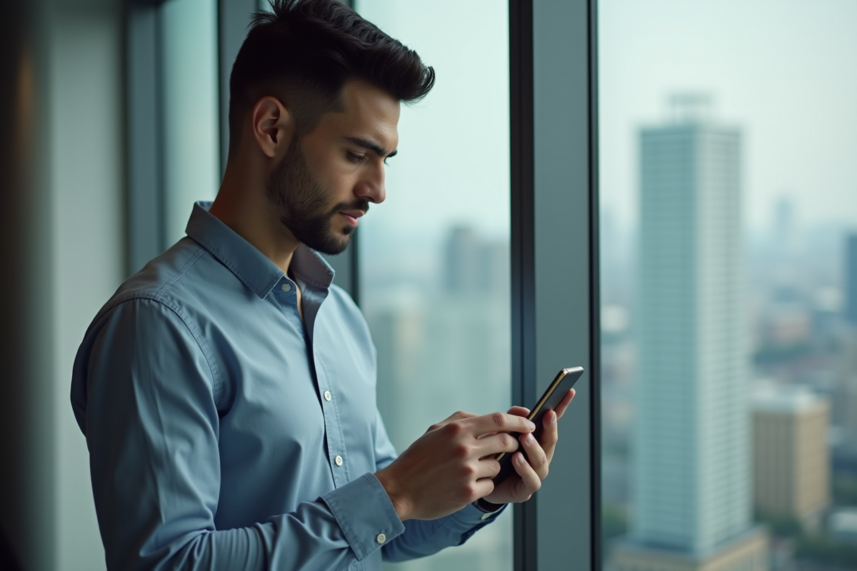 Jeune homme vérifiant ses emails sur un smartphone dans un bureau urbain