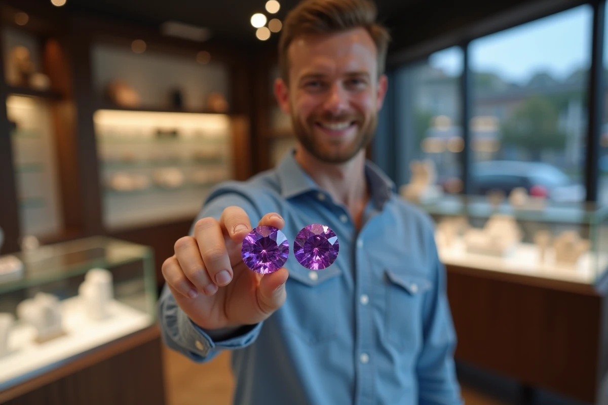 Jeune homme tenant deux pierres violettes dans une bijouterie