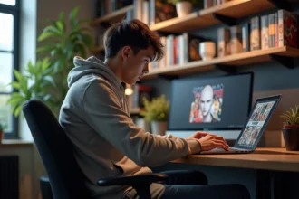 Jeune homme concentré sur un manga dans un bureau moderne