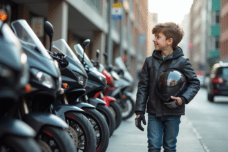 Jeune homme en veste moto moderne avec casquette à côté de motos 50cc en ville