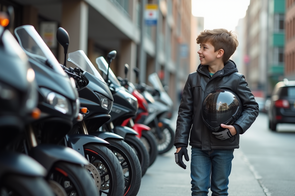 Jeune homme en veste moto moderne avec casquette à côté de motos 50cc en ville