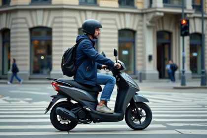 Jeune homme en moto dans une ville active
