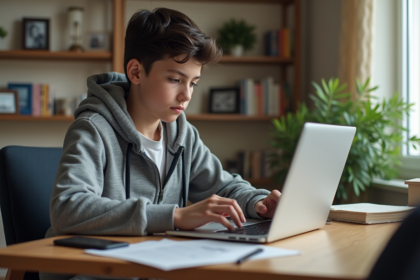 Adolescent concentré sur son ordinateur dans un bureau à la maison