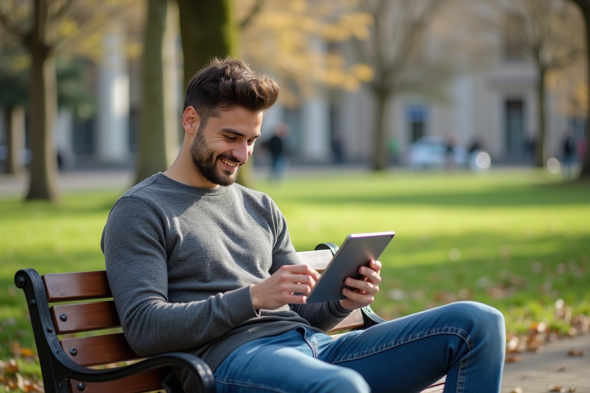 Jeune homme détendu utilisant une tablette dans un parc