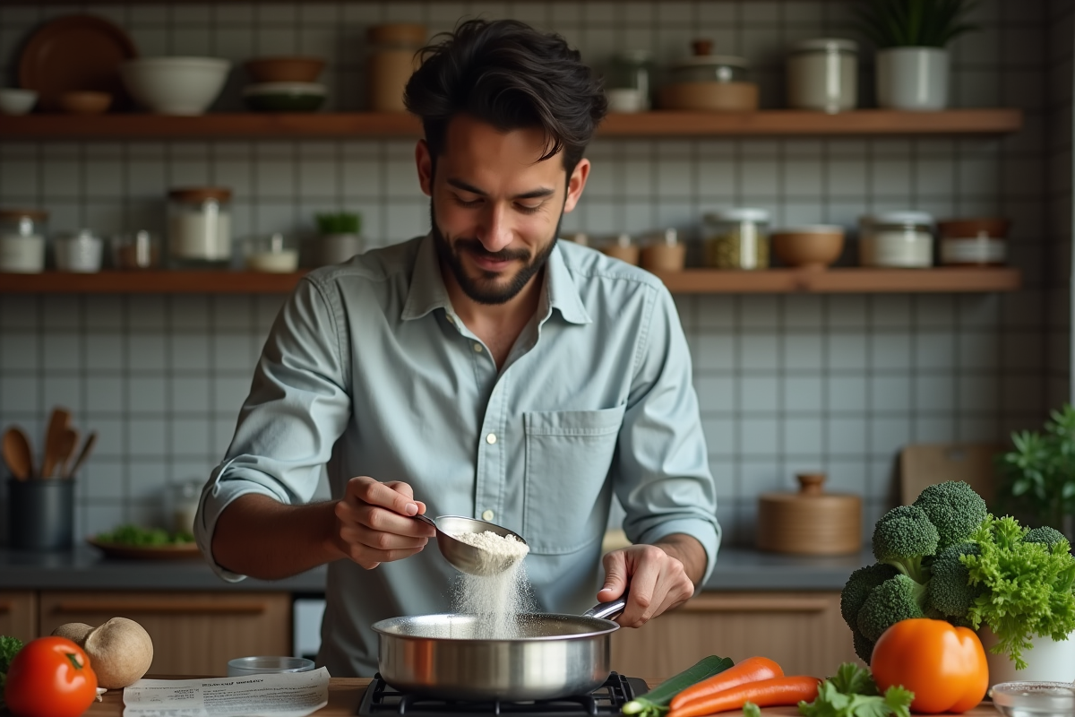 Jeune homme versant de la farine dans une casserole