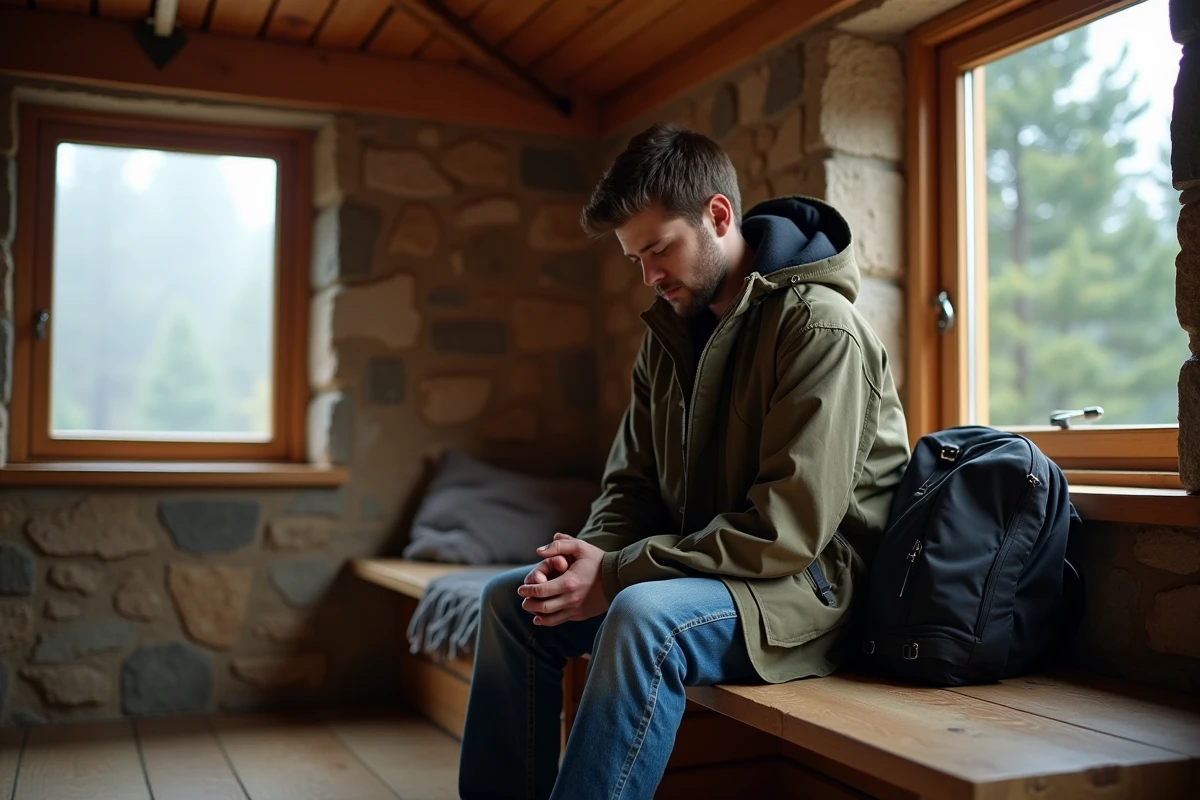 Jeune homme priant dans refuge en Auvergne