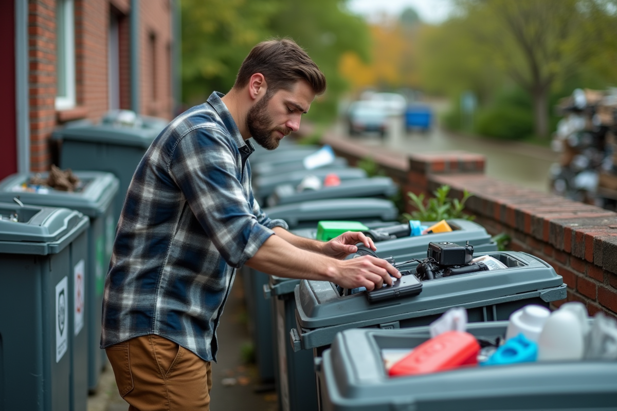 Jeune homme triant des déchets dans un centre de recyclage