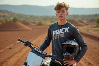 Jeune homme en motocross avec bike sur piste en plein air