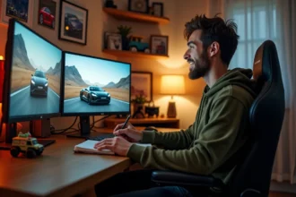 Jeune passionné d'automobile regardant une vidéo YouTube de GMK dans sa chambre devant un setup double écran