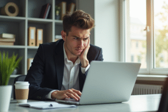 Jeune professionnel frustré au bureau regardant son ordinateur