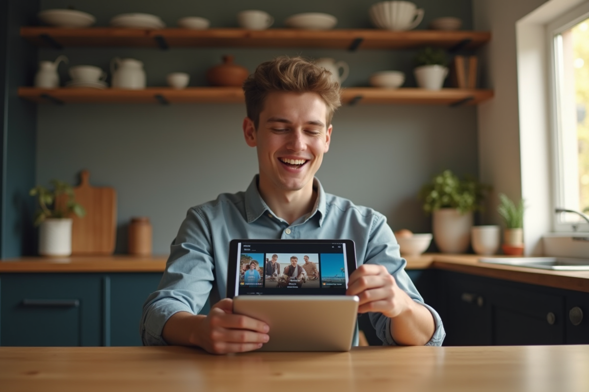 Jeune professionnel utilisant une tablette dans la cuisine moderne