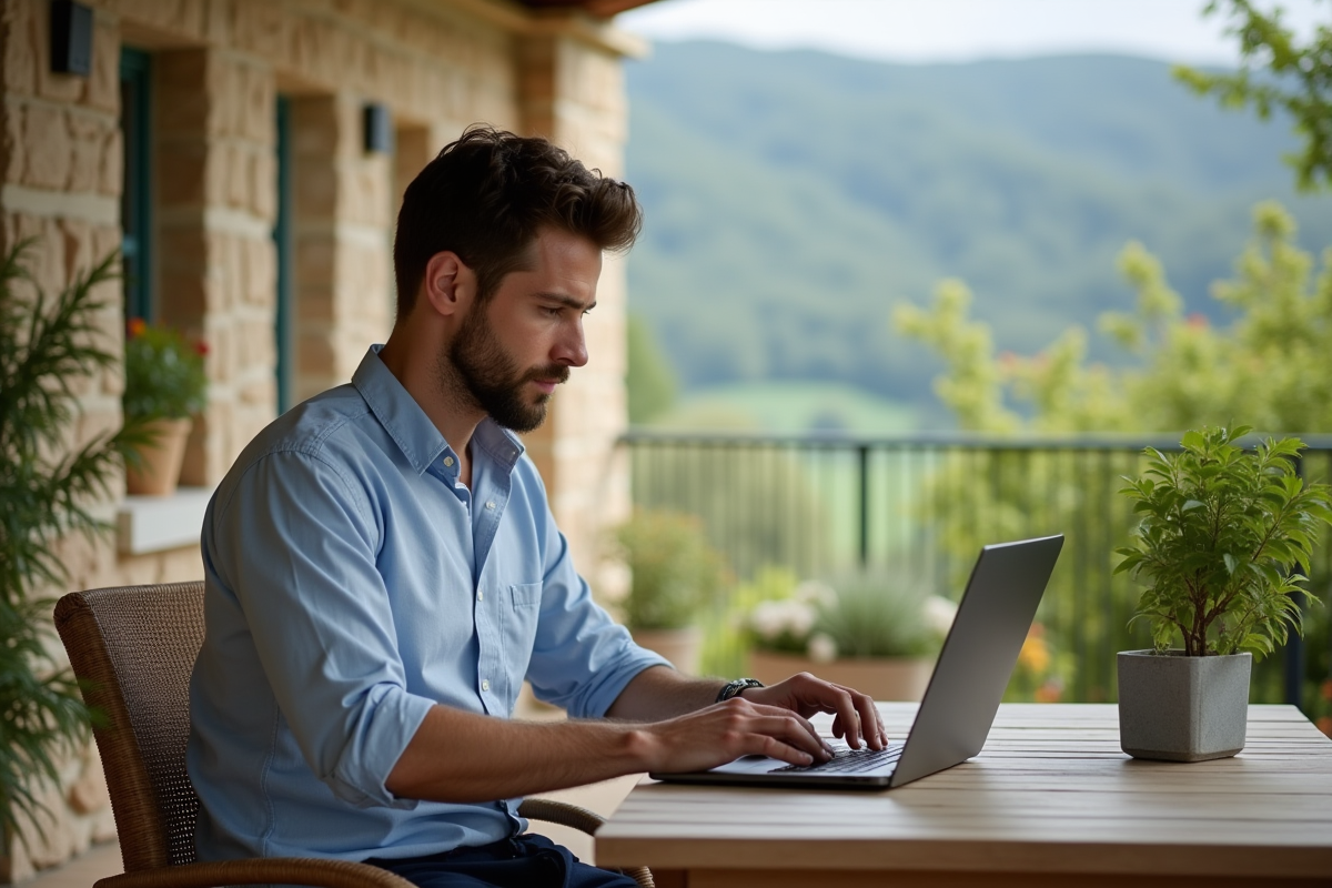 Jeune homme professionnel sur la terrasse en campagne française