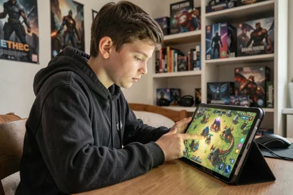 Joueur adolescent concentré sur une stratégie de composition HDV 8 dragons sur tablette