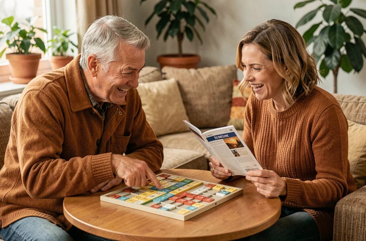 Deux joueurs de Scrabble en désaccord sur un mot accepté, consultant un guide officiel des mots valides