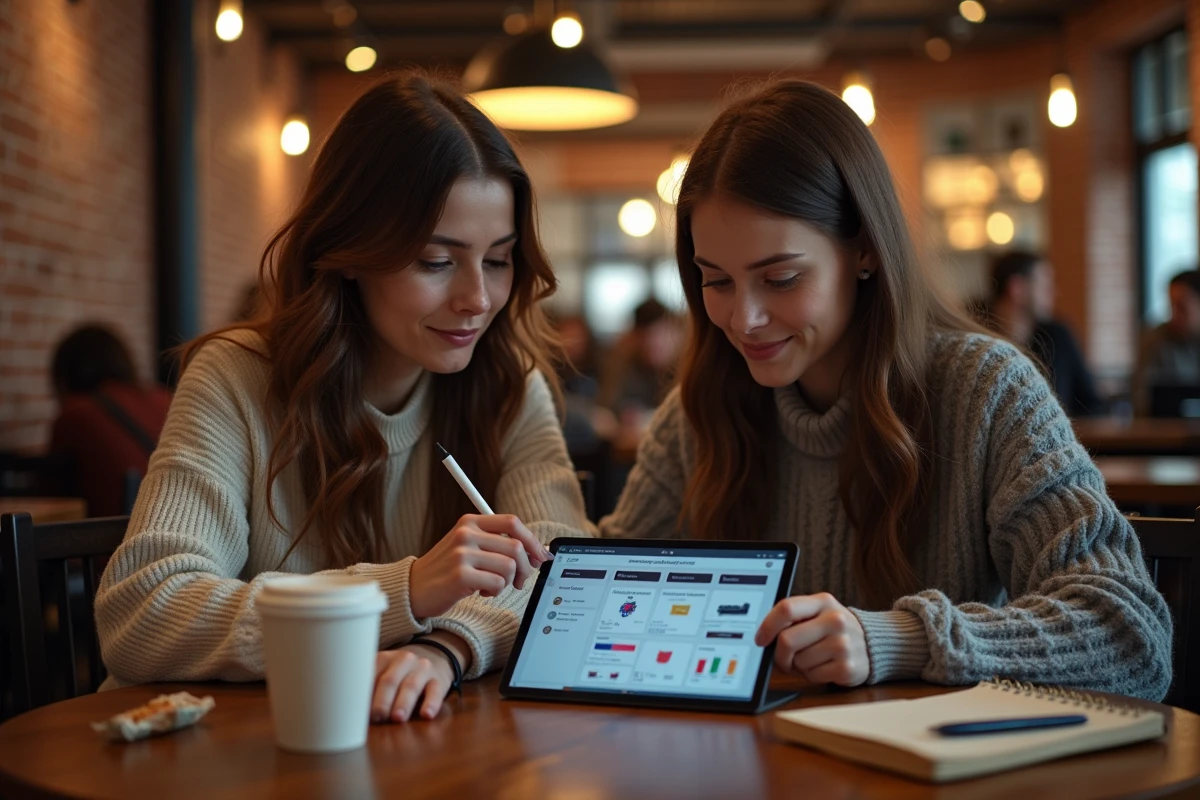 Deux joueuses comparant des builds et compositions de classes dans un café gaming avec tablette et notes manuscrites