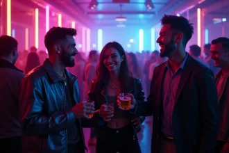 Groupe d'amis festoyant dans une boîte de nuit tendance au Kripton Club, ambiance colorée et animée