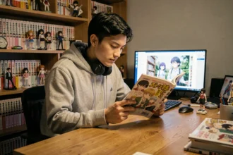 Jeune homme lisant un manga japonais sur son bureau entouré de figurines et de volumes de mangas, illustrant la lecture de scans en ligne comme One Piece et Jujutsu Kaisen