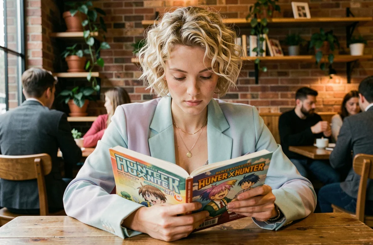 Jeune femme aux cheveux blonds bouclés lisant un manga Hunter x Hunter dans un café, evoquant le personnage de Biscuit Krueger