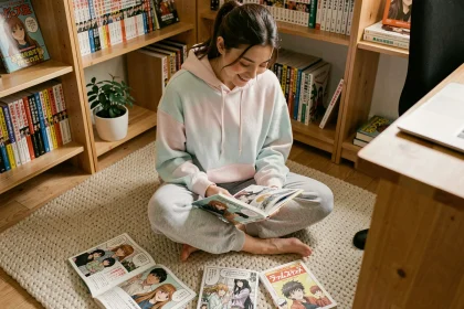 Jeune femme lisant des mangas dans sa chambre entourée de volumes posés sur un tapis, illustration pour un article sur le yaoi scan en ligne