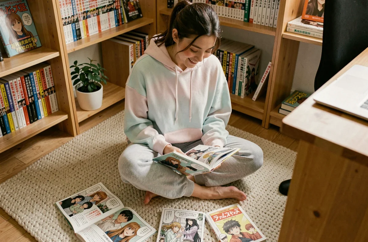 Jeune femme lisant des mangas dans sa chambre entourée de volumes posés sur un tapis, illustration pour un article sur le yaoi scan en ligne