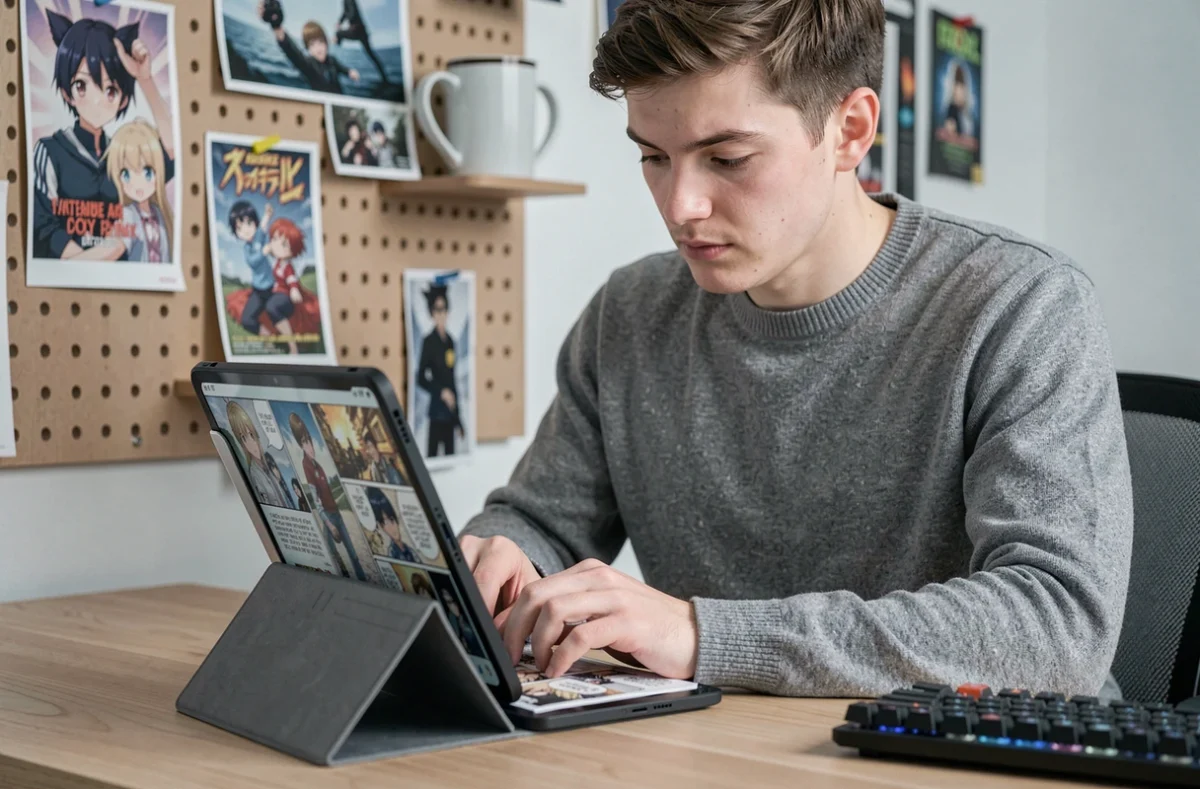 Jeune homme lisant un scan manga sur tablette à son bureau minimaliste, illustration pour un guide de lecture de yaoi en ligne