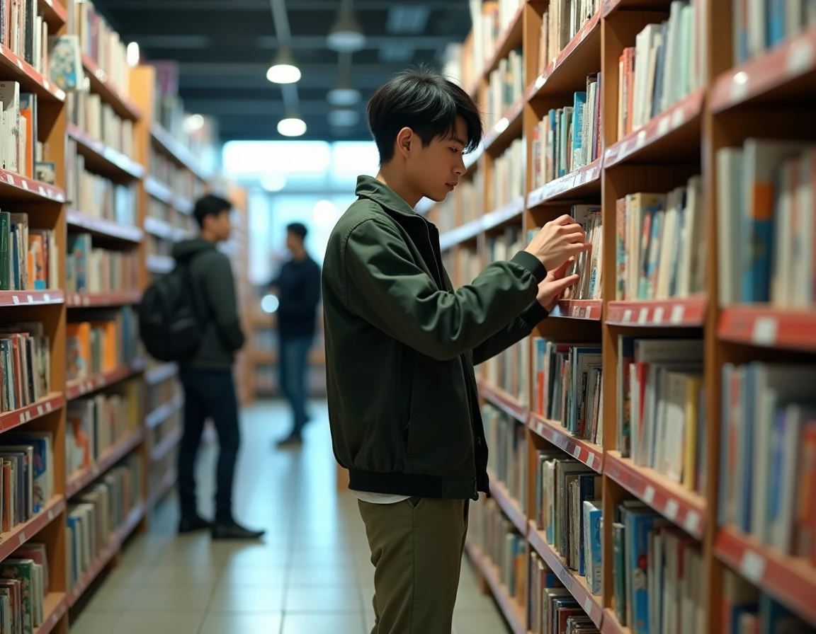 Jeune homme découvrant des mangas BL dans les rayons d'une librairie spécialisée manga