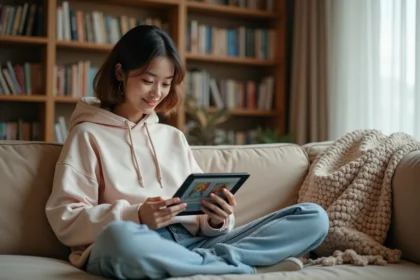 Jeune femme lisant des mangas en ligne sur une tablette dans un salon cosy