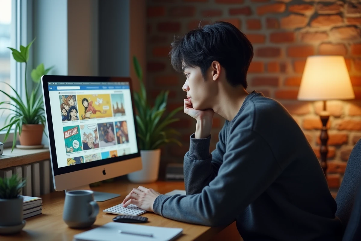 Homme lisant des manhwa sur ordinateur portable dans un bureau à domicile