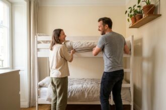 Couple adulte aménageant un lit superposé moderne dans un appartement au design scandinave épuré