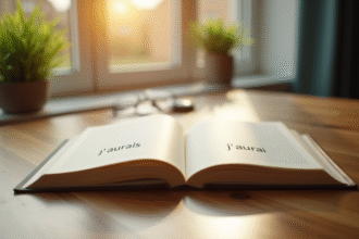 Livre de grammaire française ouvert sur un bureau lumineux