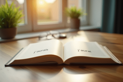 Livre de grammaire française ouvert sur un bureau lumineux