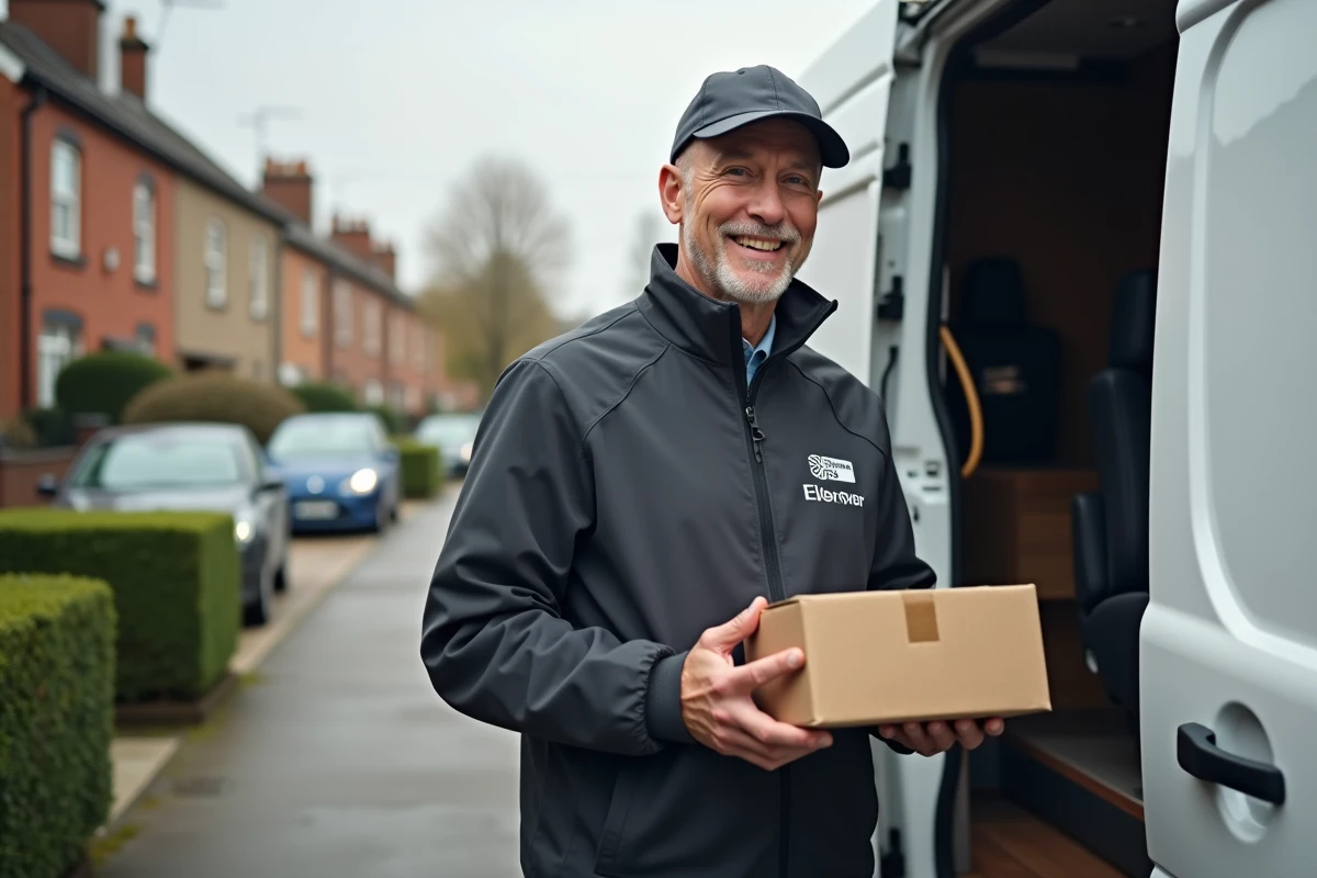 Livreur souriant tenant un colis devant la camionnette