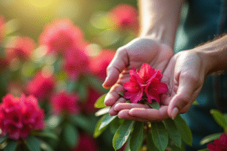 Mains de jardinier cueillant un rhododendron sain en plein jour