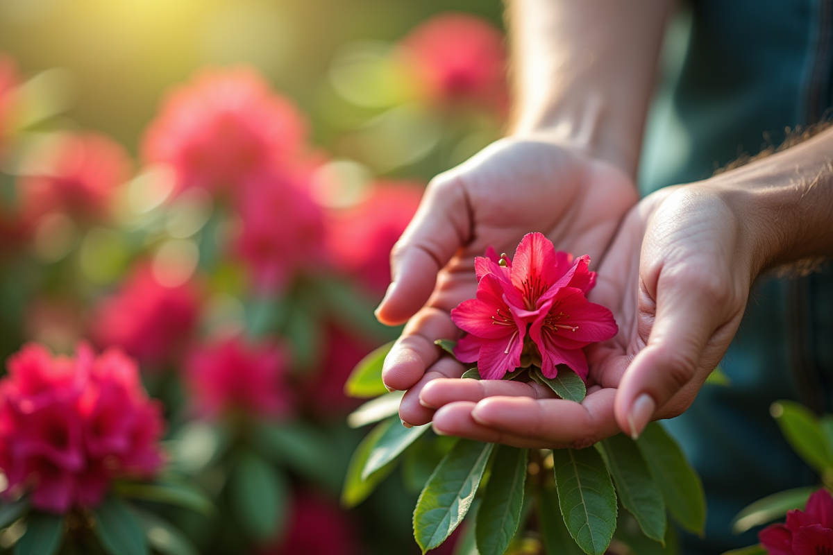 Mains de jardinier cueillant un rhododendron sain en plein jour