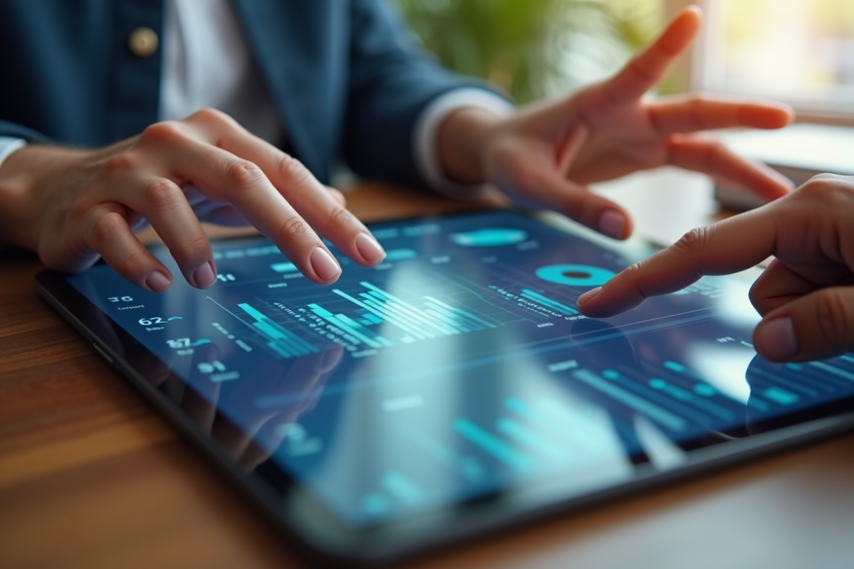 Mains faisant défiler un tableau de bord sur une tablette numérique