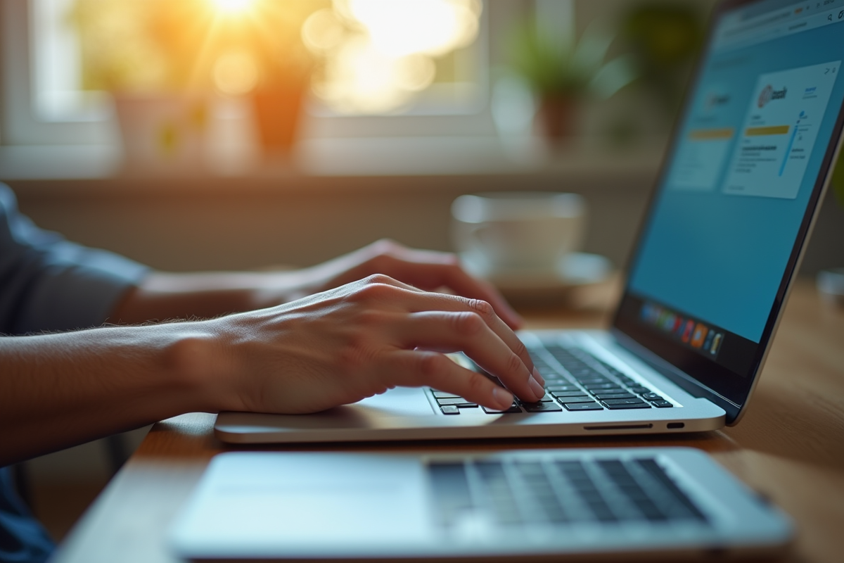 Mains tapant sur un clavier avec interface webmail visible