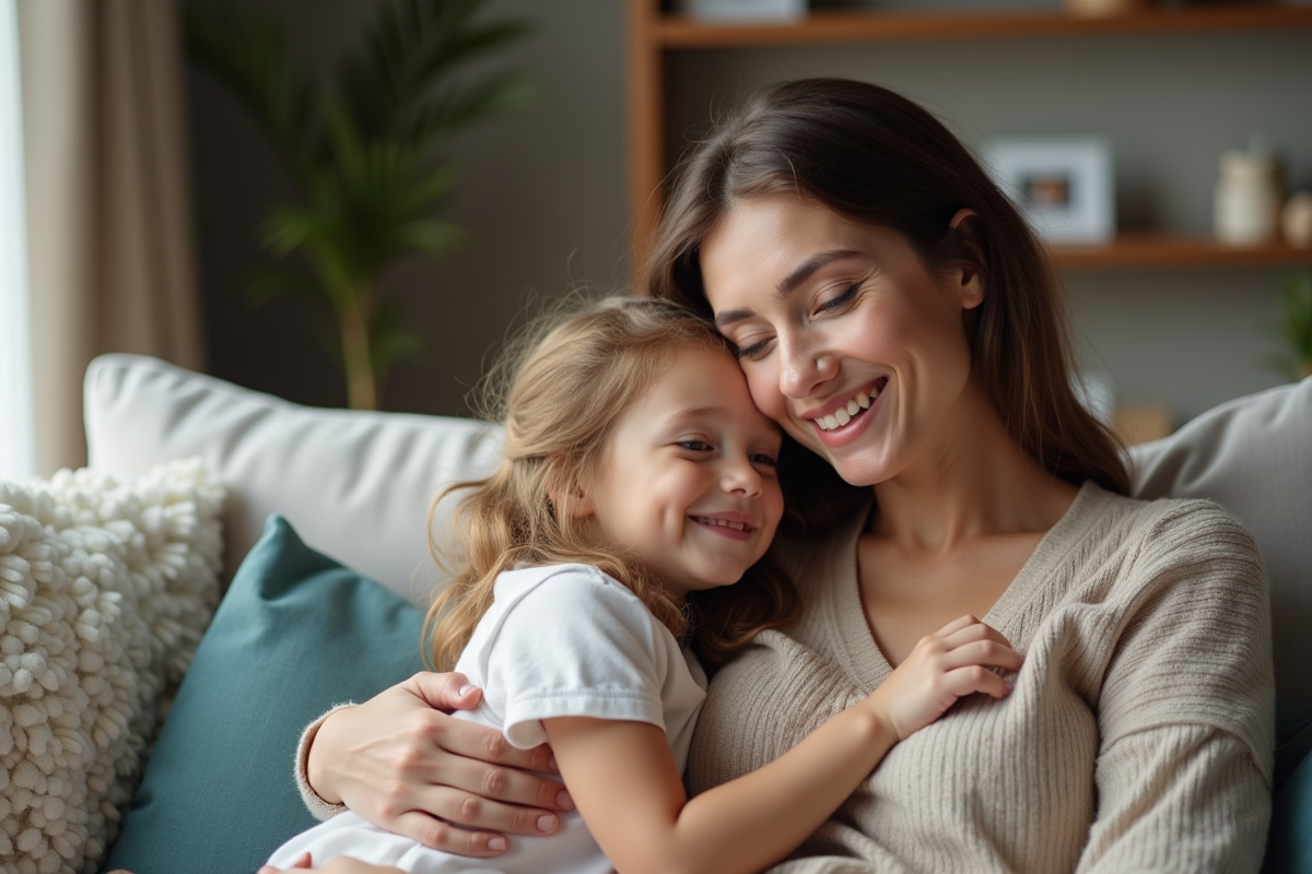 Femme et fille souriantes dans un salon chaleureux