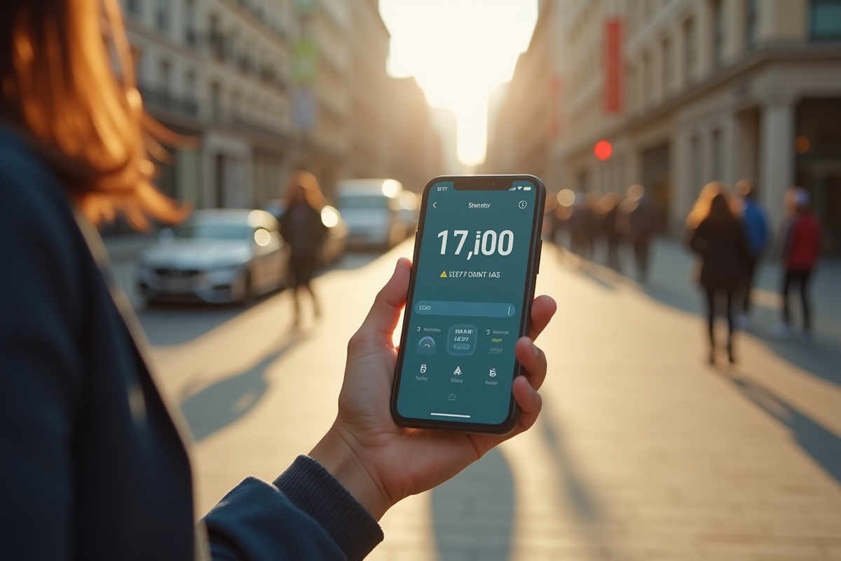 Personne marchant avec smartphone affichant 17000 pas